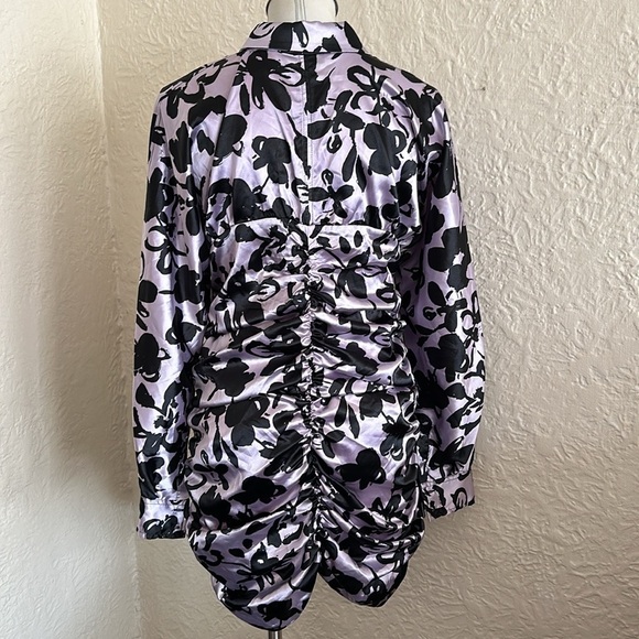 Zara The Dita Satin Ruched Long Sleeve Shirt Dress Lavender Black Floral XXL NWT - Picture 8 of 13